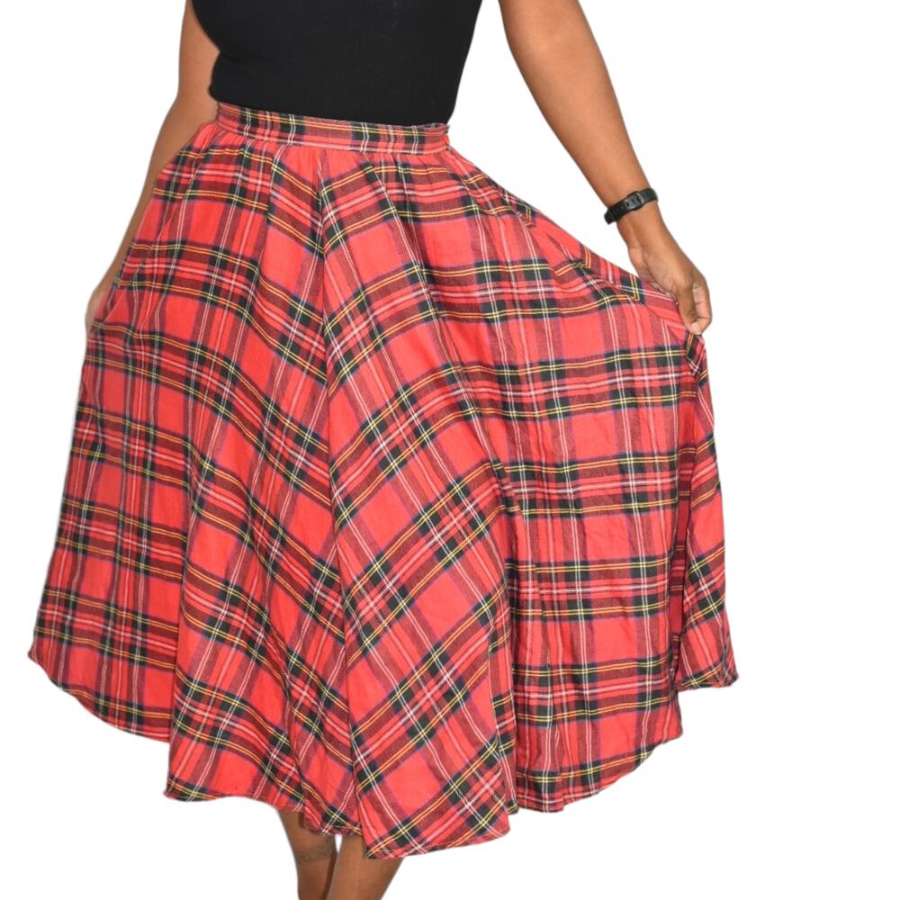 Vintage Plaid Skirt Red Tartan Check 70s 80s Swing Midi Full Cotton Size Small